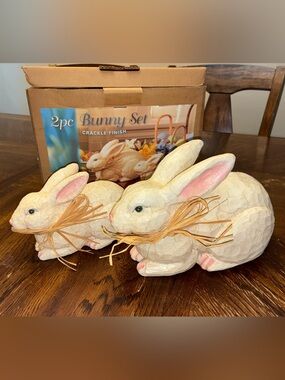 Cream Crackle Bunny Figurine Pair with Pink Accents